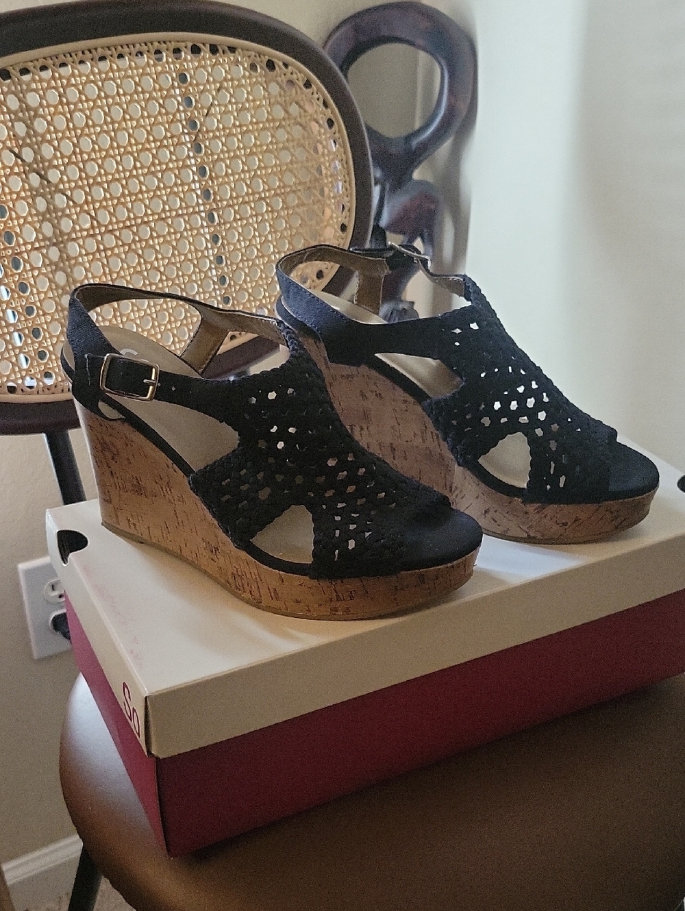 SO Black Suede Cork Wedge Sandals